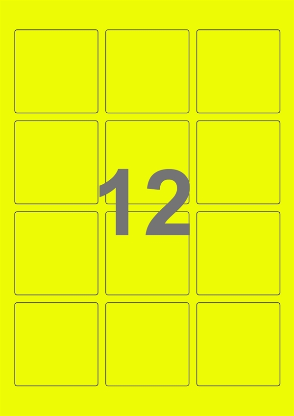 A4-etiketter, 12 stansade etiketter/ark, 60,0 x 60,0 mm, gul neon, 100 ark